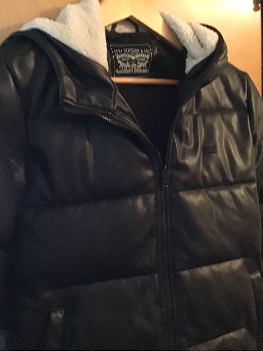 Levi's Womens Size S Black Faux Leather Puffer Jacket with Sherpa Hood